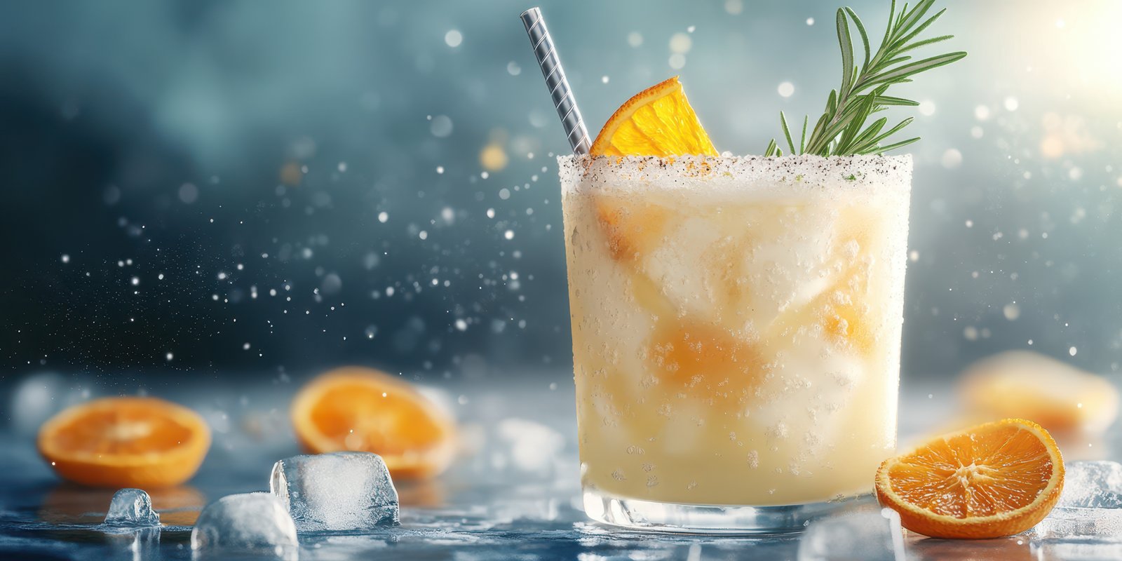 Refreshing citrus cocktail served over ice with garnish and sparkling background